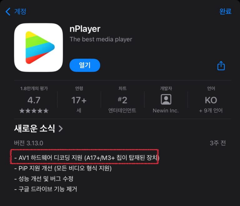 iOS nPlayer AV1 코덱 지원 추가