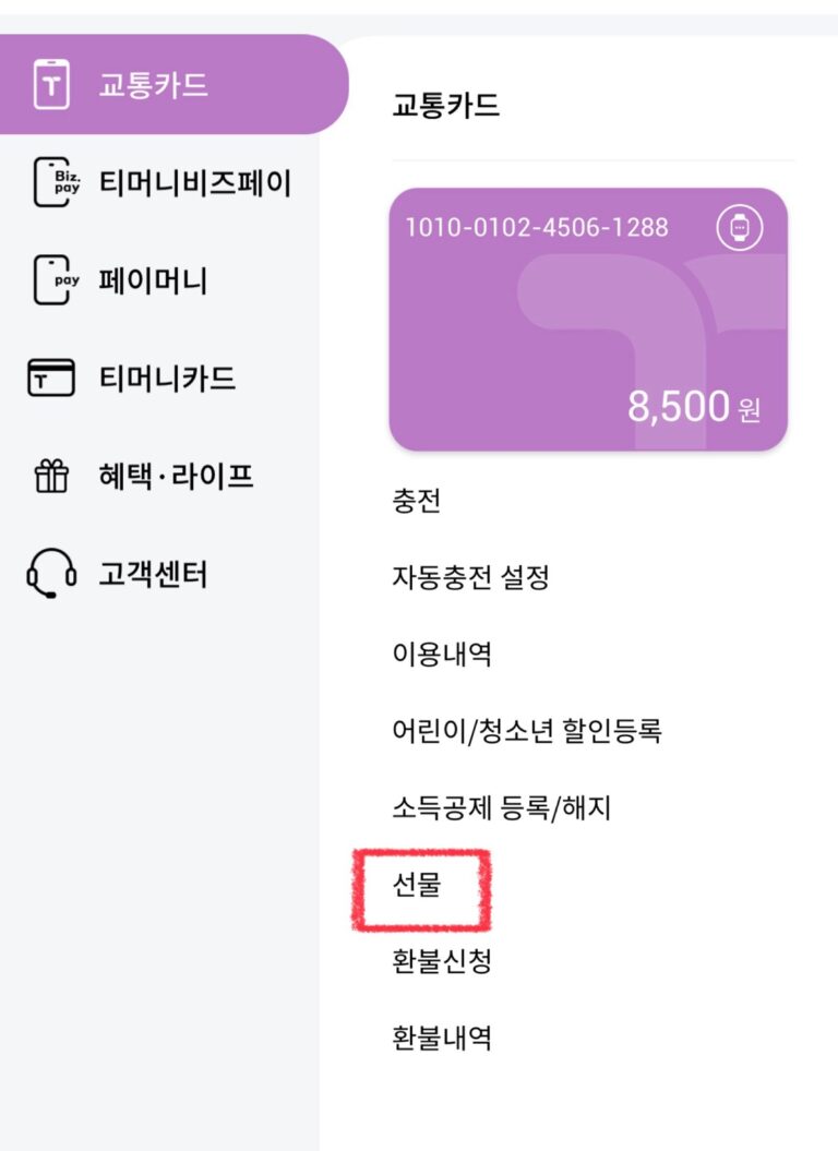애플페이 없이 티머니 카드 충전하기(선물하기 이용)